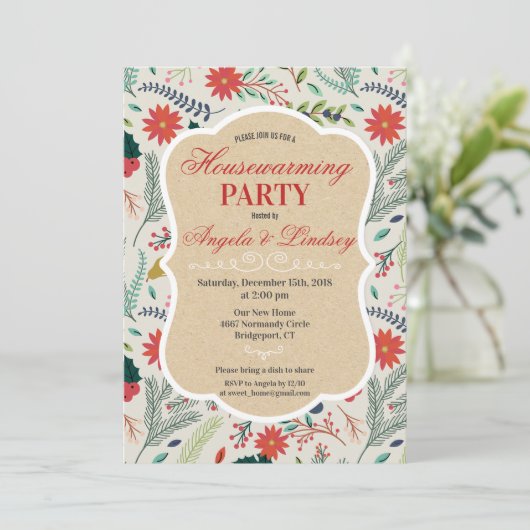 Uitnodiging voor een housewarmingfeest met bloemmo (Staand voorkant)
