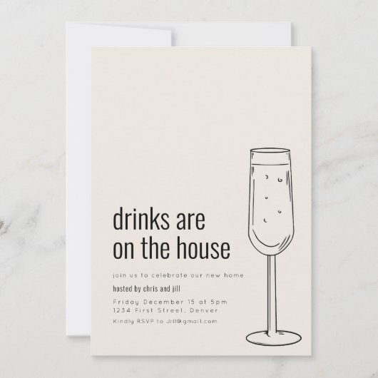 Uitnodiging voor een housewarmingfeest met champag (Voorkant)