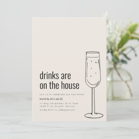 Uitnodiging voor een housewarmingfeest met champag (Staand voorkant)