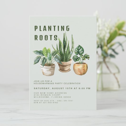 Uitnodiging voor een housewarmingfeestje met plant (Staand voorkant)