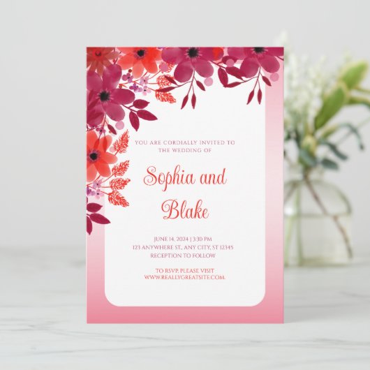  uitnodiging voor een huwelijk met Rode Floral (Staand voorkant)