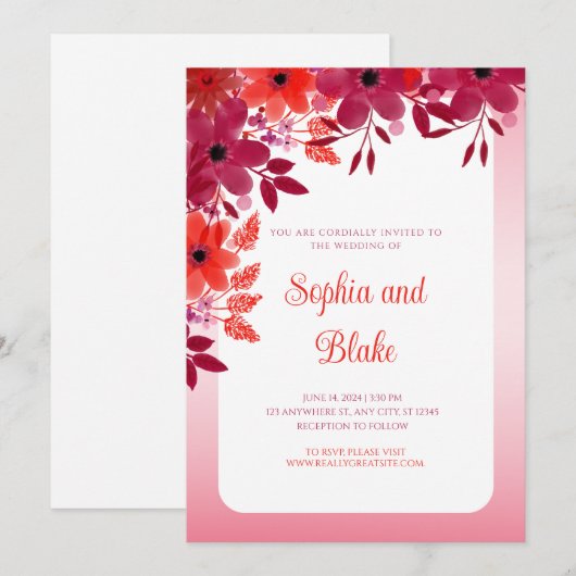  uitnodiging voor een huwelijk met Rode Floral (Voorkant / Achterkant)