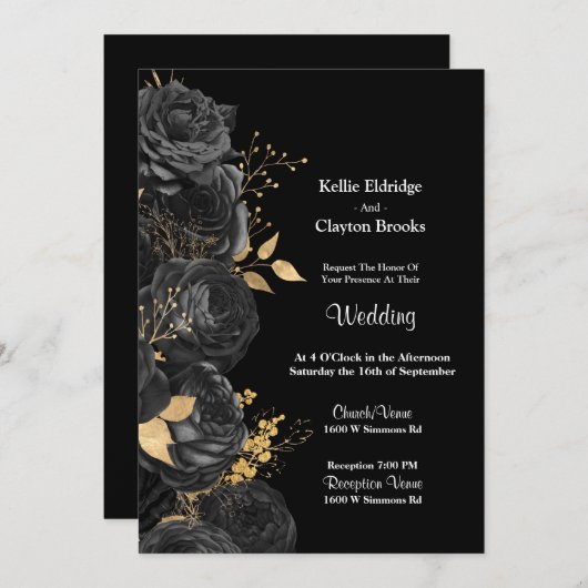 Uitnodiging voor een huwelijk met zwarte en goudbl (Voorkant / Achterkant)