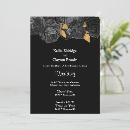 Uitnodiging voor een huwelijk met zwarte en goudbl (Staand voorkant)