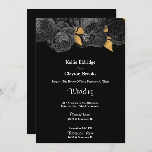 Uitnodiging voor een huwelijk met zwarte en goudbl (Voorkant / Achterkant)
