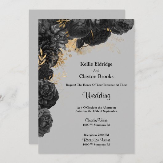 Uitnodiging voor een huwelijk met zwarte en goudbl (Voorkant / Achterkant)