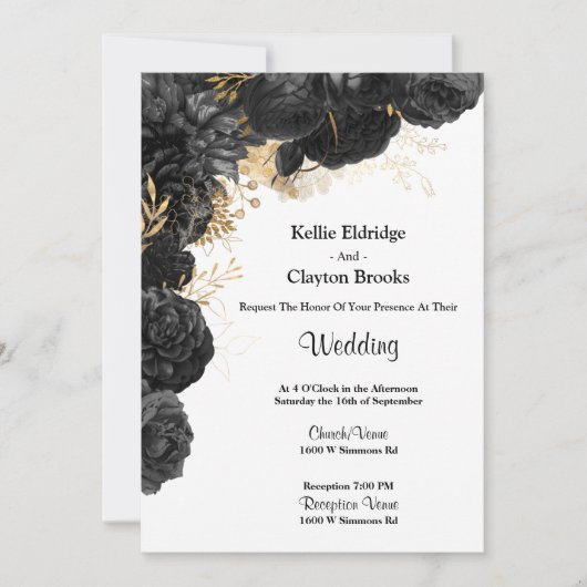 Uitnodiging voor een huwelijk met zwarte en goudbl (Voorkant)