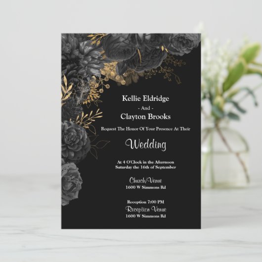Uitnodiging voor een huwelijk met zwarte en goudbl (Staand voorkant)