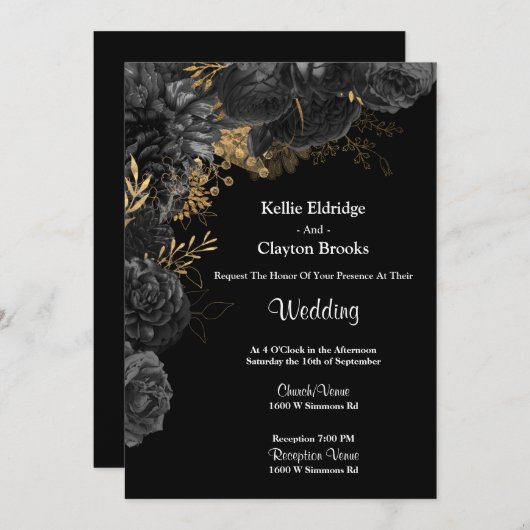 Uitnodiging voor een huwelijk met zwarte en goudbl (Voorkant / Achterkant)
