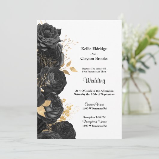 Uitnodiging voor een huwelijk met zwarte en goudbl (Staand voorkant)