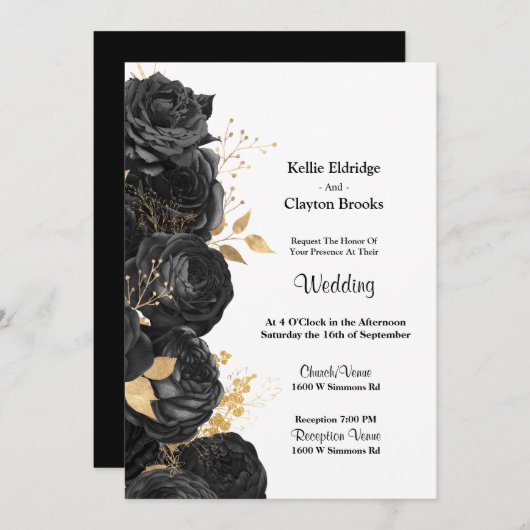Uitnodiging voor een huwelijk met zwarte en goudbl (Voorkant / Achterkant)