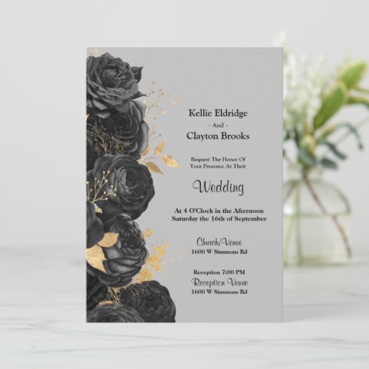 Uitnodiging voor een huwelijk met zwarte en goudbl (Staand voorkant)