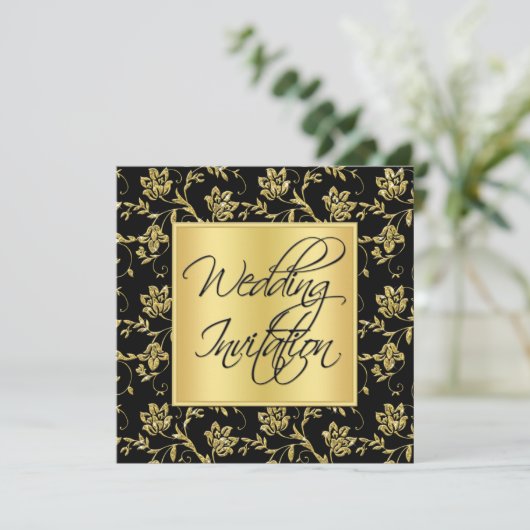 Uitnodiging voor een huwelijk met zwarte en gouden (Staand voorkant)