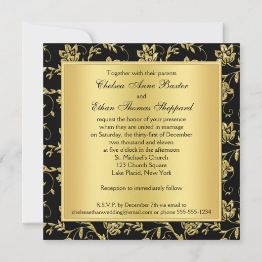 Uitnodiging voor een huwelijk met zwarte en gouden (Achterkant)