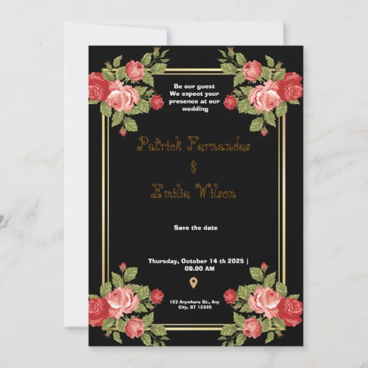 Uitnodiging voor een huwelijk met zwarte en gouden (Voorkant)