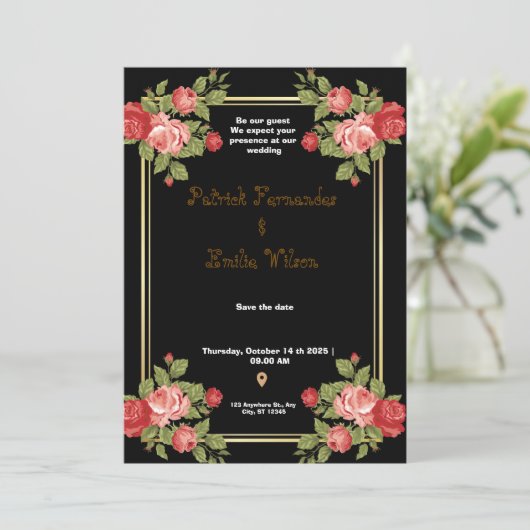 Uitnodiging voor een huwelijk met zwarte en gouden (Staand voorkant)