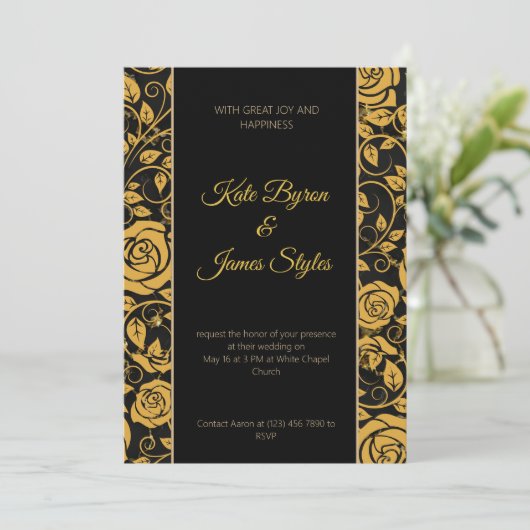 Uitnodiging voor een huwelijk met zwarte en gouden (Staand voorkant)