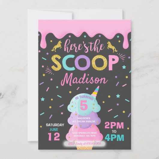 Uitnodiging voor een ijsje Eenhoorn Ice Cream Part (Voorkant)