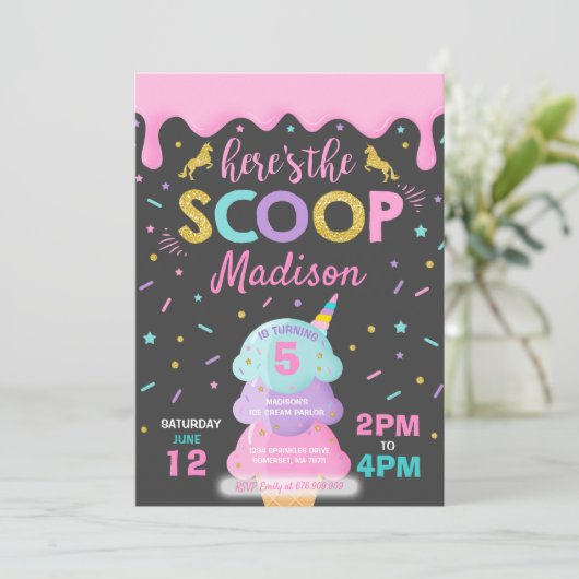 Uitnodiging voor een ijsje Eenhoorn Ice Cream Part (Staand voorkant)