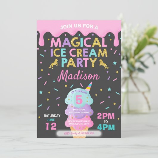 Uitnodiging voor een ijsje Eenhoorn Ice Cream Part (Staand voorkant)