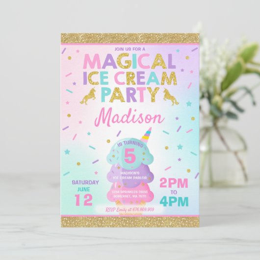 Uitnodiging voor een ijsje Eenhoorn Ice Cream Part (Staand voorkant)