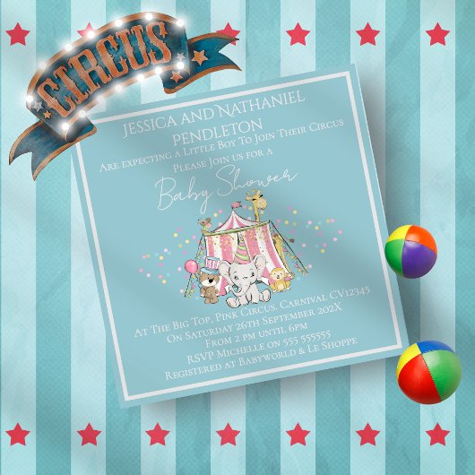 Uitnodiging voor een jongenscircus baby shower