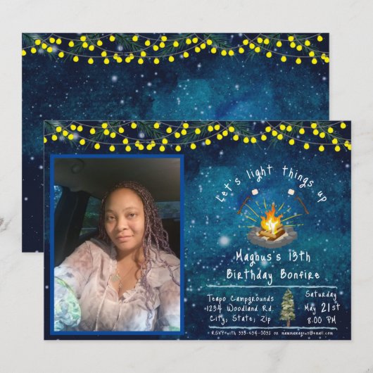 Uitnodiging voor een kampvuurfeest met foto (Voorkant / Achterkant)