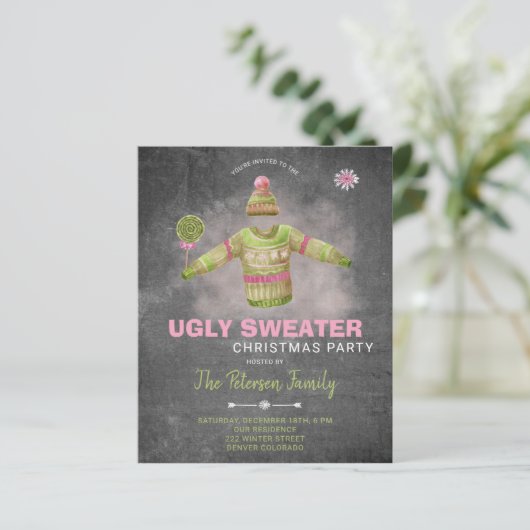 Uitnodiging voor een kerstfeest met lelijke trui o (Staand voorkant)