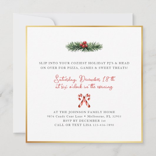 Uitnodiging voor een kerstpyjama-feest met snoepri (Achterkant)