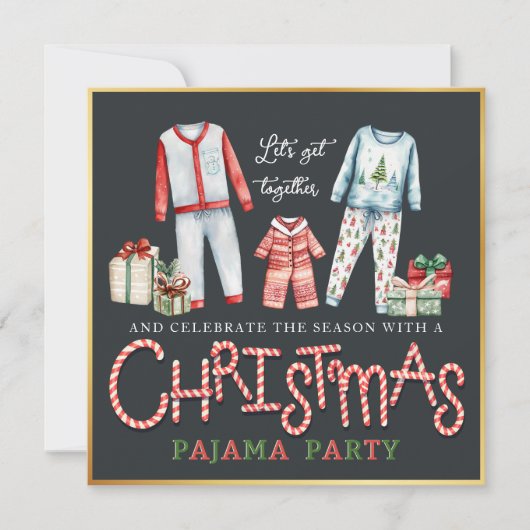 Uitnodiging voor een kerstpyjama-feest met snoepri (Voorkant)