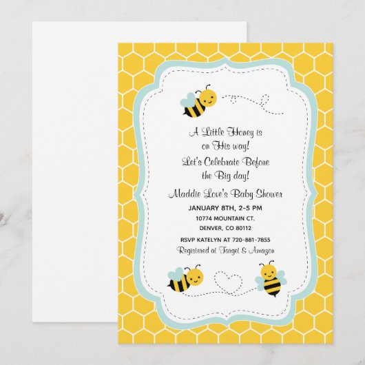 Uitnodiging voor een kleine honingbij shower (Voorkant / Achterkant)