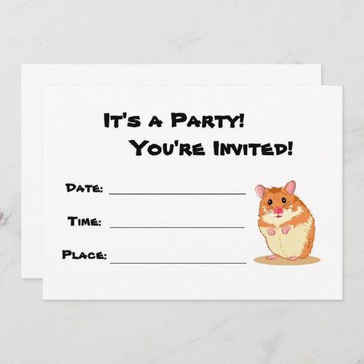 Uitnodiging voor een knuffelachtig hamsterfeestje (Voorkant / Achterkant)