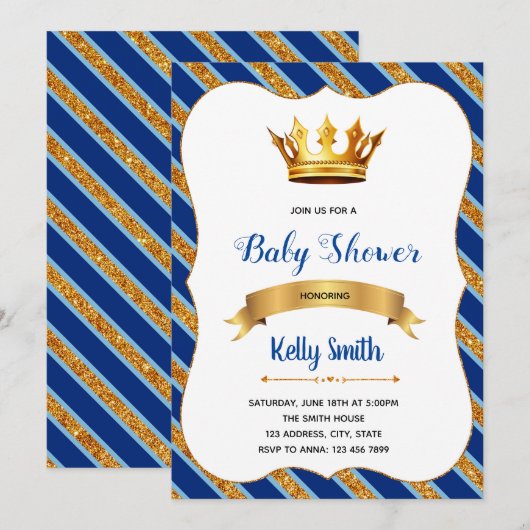 Uitnodiging voor een koninklijk blauw baby shower (Voorkant / Achterkant)