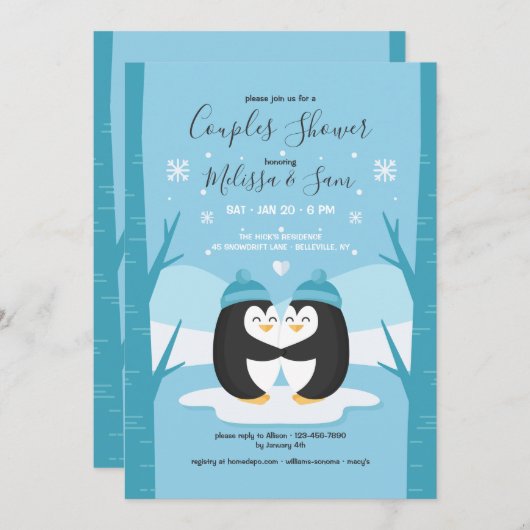 Uitnodiging voor een koppel-baby shower met pinguï (Voorkant / Achterkant)
