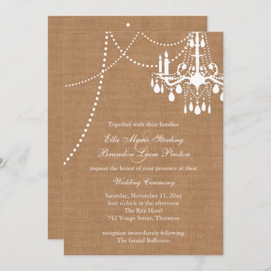 Uitnodiging voor een landelijke Burlap Chandelier (Voorkant / Achterkant)