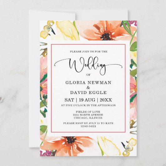 Uitnodiging voor een lente-Sinaasappel Floral Wedd (Voorkant)