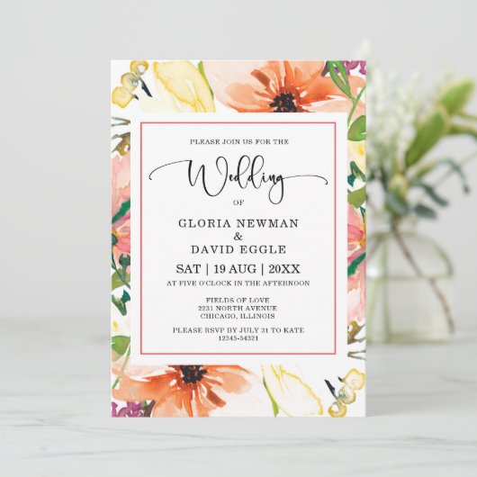 Uitnodiging voor een lente-Sinaasappel Floral Wedd (Staand voorkant)