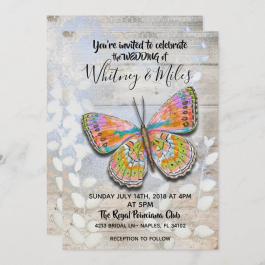 Uitnodiging voor een lente-vlinderbruiloft (Voorkant / Achterkant)