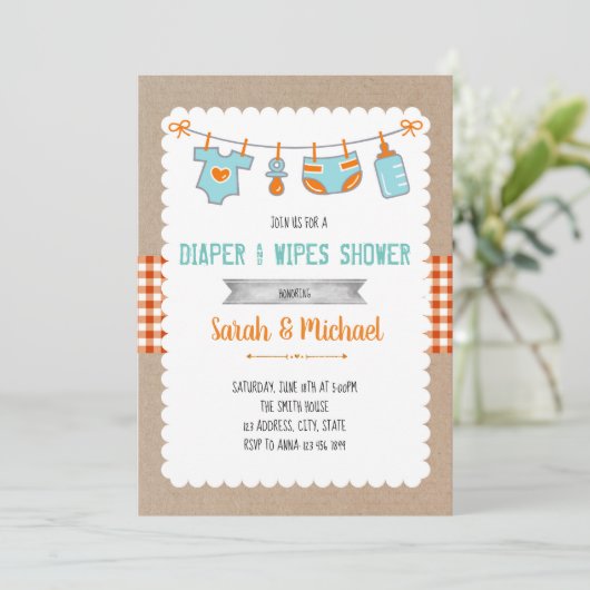 Uitnodiging voor een leuk feest met wisser en luie (Staand voorkant)