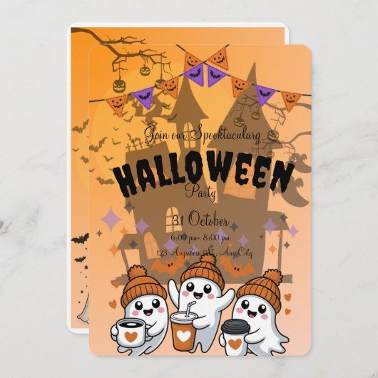 Uitnodiging voor een leuk spookfeest met een schat (Voorkant / Achterkant)