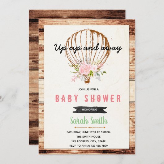 Uitnodiging voor een luchtballon baby shower (Voorkant / Achterkant)