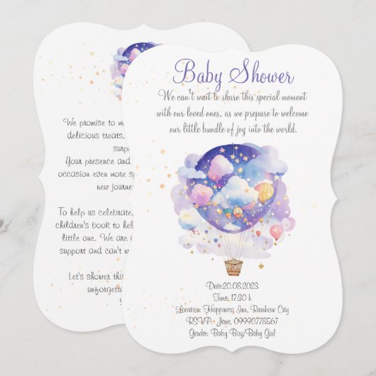 Uitnodiging voor een luchtballon-baby shower. Nieu (Voorkant / Achterkant)