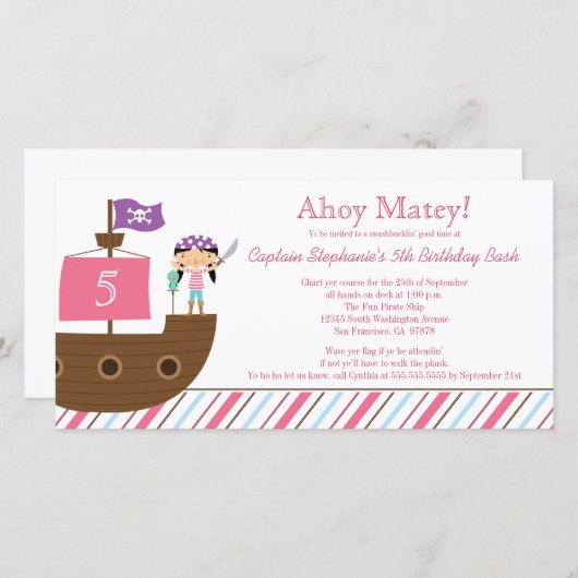 Uitnodiging voor een meisjes piraten-verjaardagsfe (Voorkant / Achterkant)