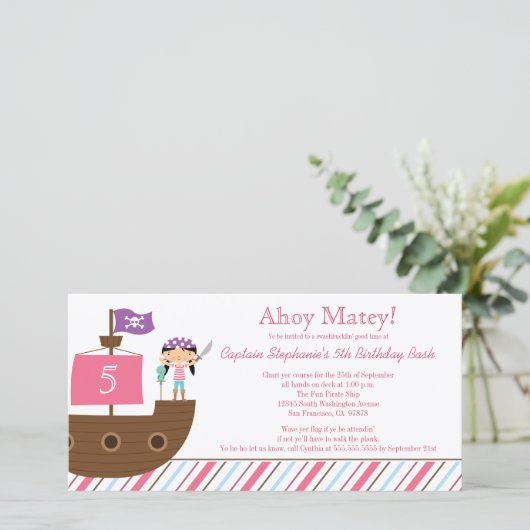 Uitnodiging voor een meisjes piraten-verjaardagsfe (Staand voorkant)