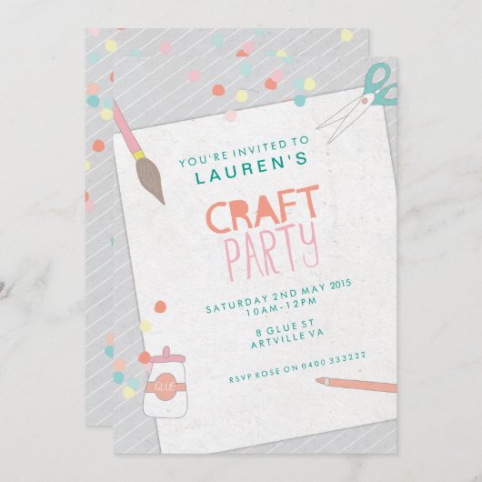 Uitnodiging voor een Modern Art & Craft Party (Voorkant / Achterkant)