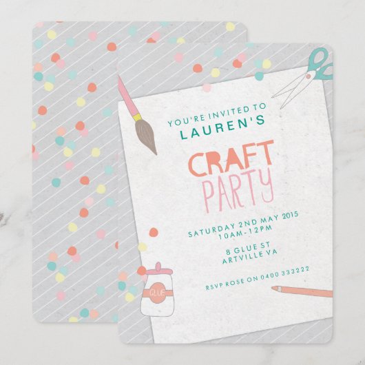 Uitnodiging voor een Modern Art & Craft Party (Voorkant / Achterkant)
