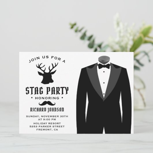 Uitnodiging voor een modern zwart smoking hertenfe (Staand voorkant)