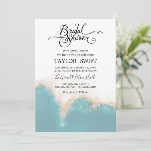 Uitnodiging voor een moderne Waterverf Blue Bridal (Staand voorkant)