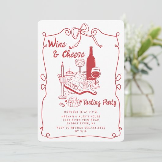 Uitnodiging voor een moderne wijn- en kaasproeveri (Staand voorkant)