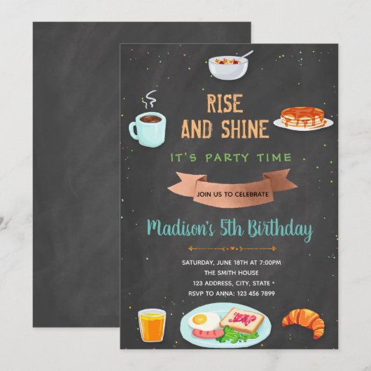 Uitnodiging voor een ontbijtverjaardagsfeestje (Voorkant / Achterkant)